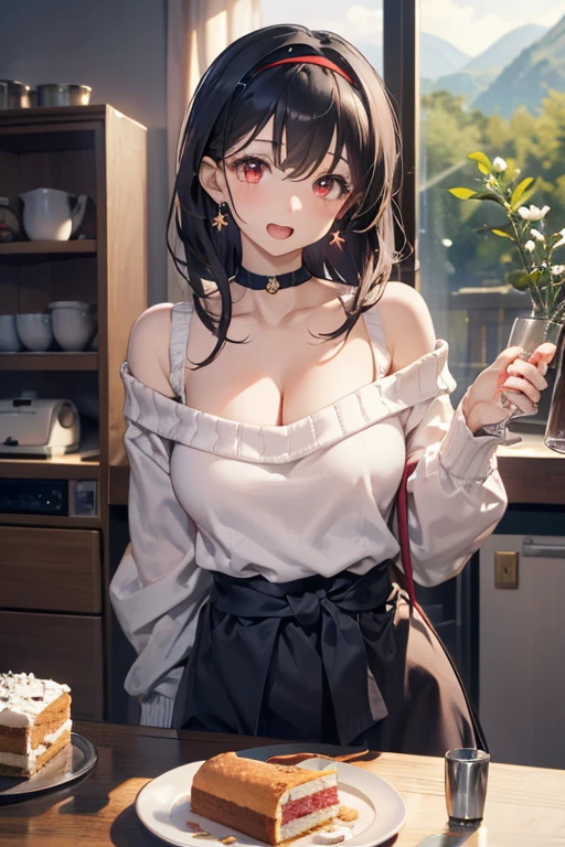 masterpiece, 1girl, Amazing Cleavage:1.3, thin waist, big ass, Raised sexy, medium breast:1.3,posed cleavage:1.2,solo, looking at viewer, open mouth, have a cup of coffee,black hair, red eyes, dress, bare shoulders, jewelry, collarbone, sidelocks, hairband, earrings, indoors, off shoulder, :o, sweater, arms behind back, plant, short hair with long locks, white hairband, off-shoulder dress, sweater dress, off-shoulder sweater, red sweater, big side hair, very long side hair,is rendered in (masterpiece: 1.2, best quality), with (ultra high resolution) and an exquisite (depth of field). This masterpiece is not only visually stunning but also tells, make of cooking some cakes ,in the kitchen ,(beautiful scenery), upper eyes, (with sparkling eyes and a contagious smile:1.0),looking at Viewer