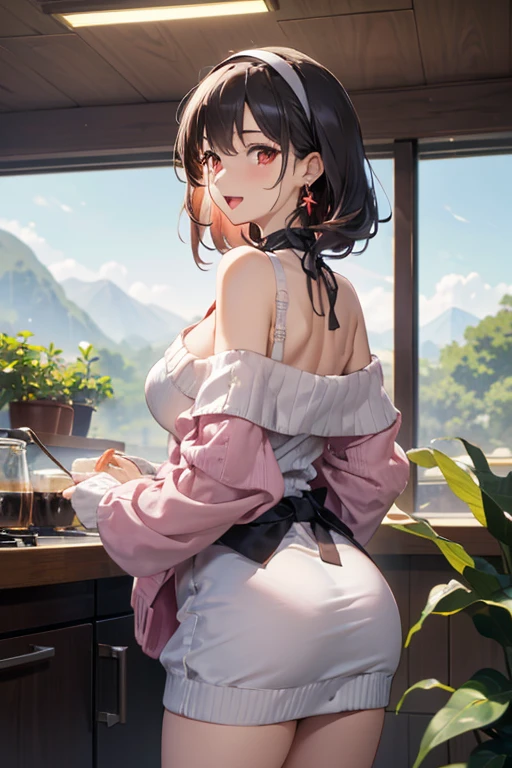 masterpiece, 1girl, Amazing Cleavage:1.3, thin waist, big ass, Raised sexy, medium breast:1.3,posed cleavage:1.2,solo, looking at viewer, open mouth, have a cup of coffee,black hair, red eyes, dress, bare shoulders, jewelry, collarbone, sidelocks, hairband, earrings, indoors, off shoulder, :o, sweater, arms behind back, plant, short hair with long locks, white hairband, off-shoulder dress, sweater dress, off-shoulder sweater, red sweater, big side hair, very long side hair,is rendered in (masterpiece: 1.2, best quality), with (ultra high resolution) and an exquisite (depth of field). This masterpiece is not only visually stunning but also tells, make of cooking some cakes ,in the kitchen ,(beautiful scenery), upper eyes, (with sparkling eyes and a contagious smile:1.0),looking at Viewer