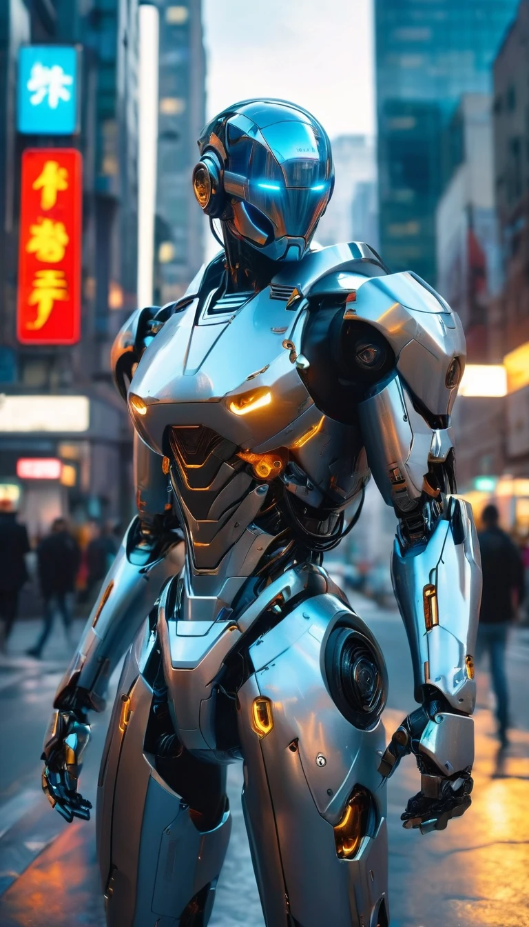 The image shows a robotic figure standing in an urban environment. The robot is wearing a silver suit and has a blue visor on its head. It appears to be a futuristic, metallic character, perhaps from a video game or science fiction film. The cityscape around the robot includes a few cars, with one positioned to the left of the robot and another car further to the right. There are also two traffic lights in the scene, one located near the center and the other towards the right-hand side. The overall setting suggests a futuristic cityscape.
Info