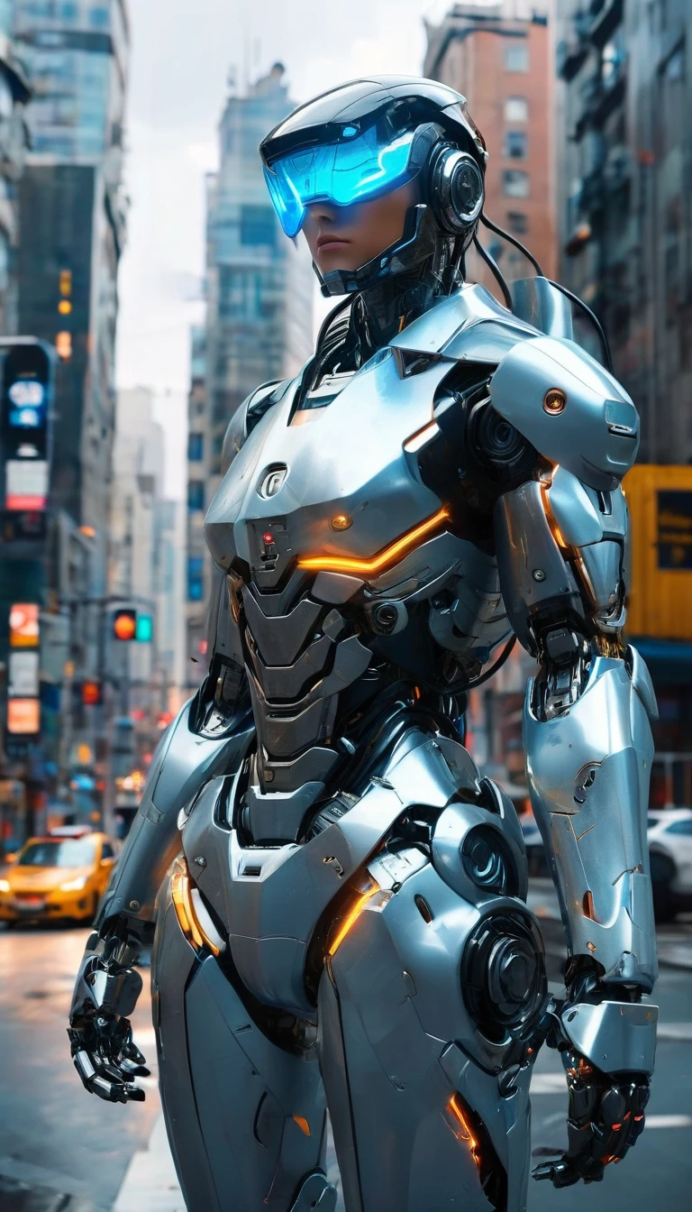 The image shows a robotic figure standing in an urban environment. The robot is wearing a silver suit and has a blue visor on its head. It appears to be a futuristic, metallic character, perhaps from a video game or science fiction film. The cityscape around the robot includes a few cars, with one positioned to the left of the robot and another car further to the right. There are also two traffic lights in the scene, one located near the center and the other towards the right-hand side. The overall setting suggests a futuristic cityscape.
Info