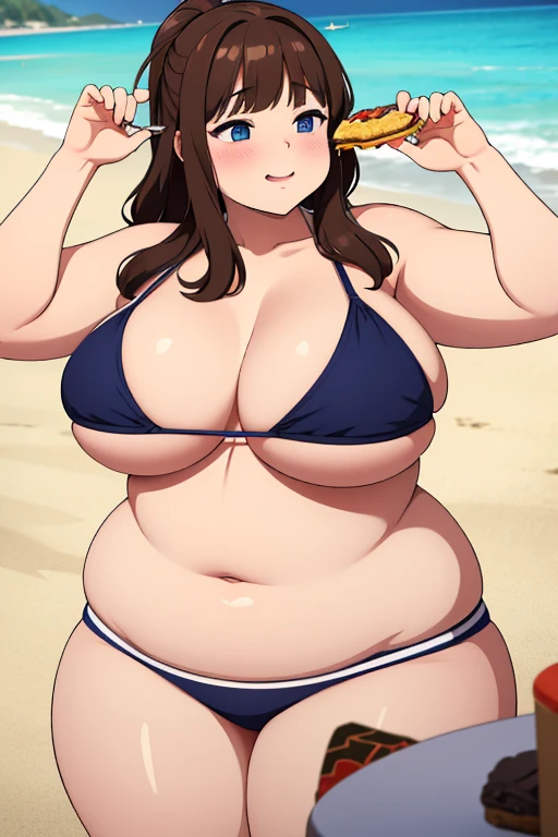 make brownhaired ssbbw fat girl and she stuffing more fastfood in too small bikini on beach