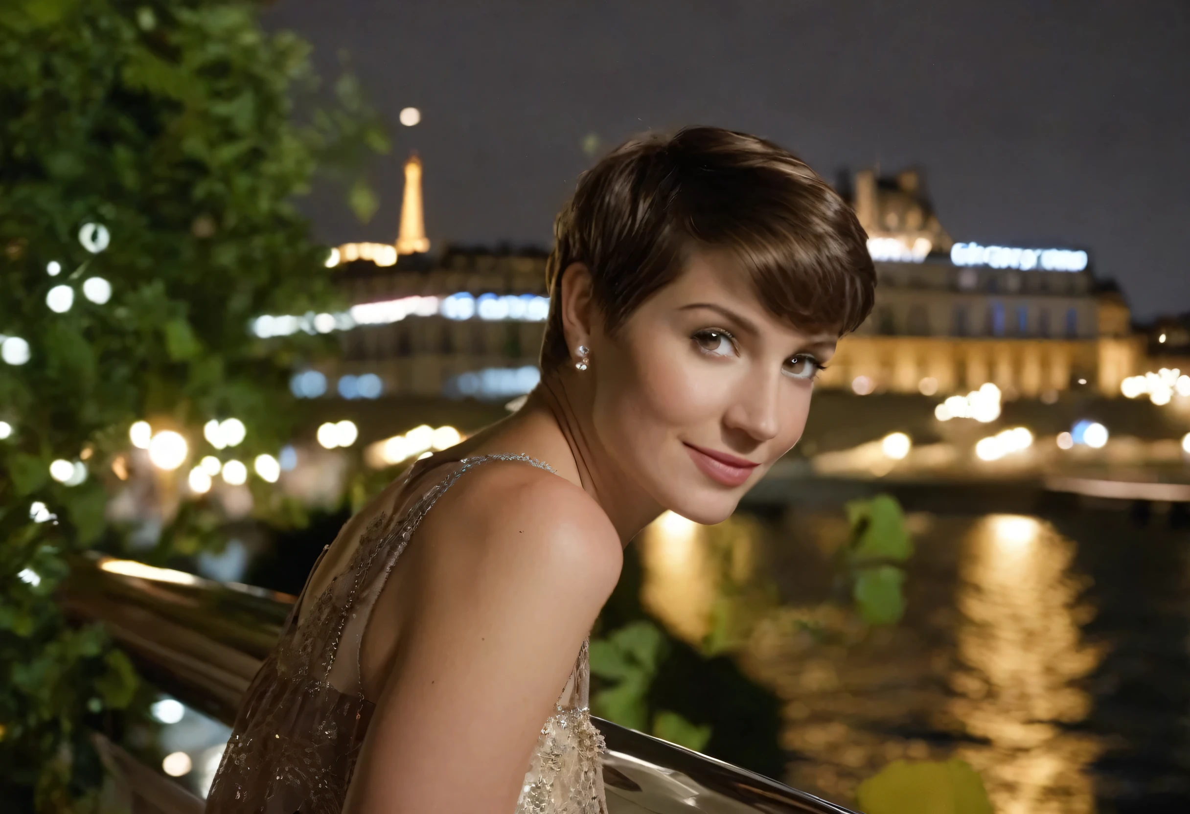 25-year old woman leaning on a railing with a lot of ornament in a french city looking lovingly into the camera. fit, summer dress, playful, beautiful face, pixie-cut, night time, romantic