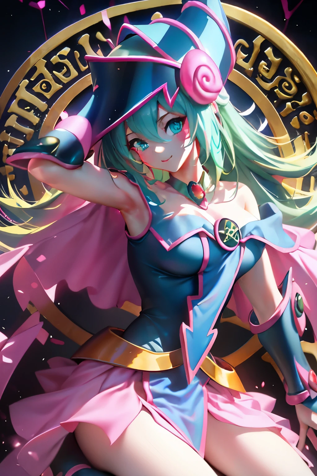 Hatsune Miku disfrazada de dark magician gils. Pose sensual y seductora. Fondo de magia 