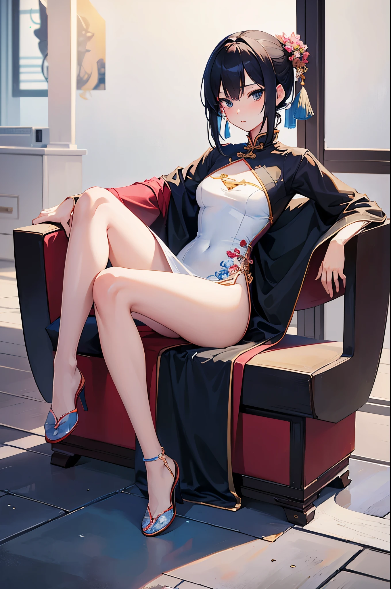 a y woman, (best quality), (masterpiece), (1girl), slim, anime, (flat chested), (chinese dress), (sitting), (protrait), (full body view)