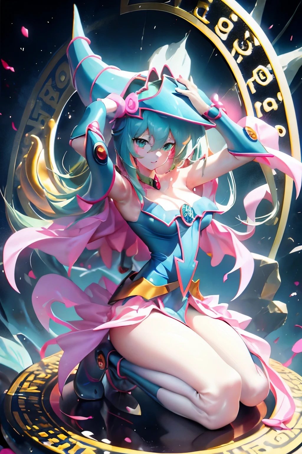 Hatsune Miku disfrazada de dark magician gils. Pose sensual y seductora. Fondo de magia 