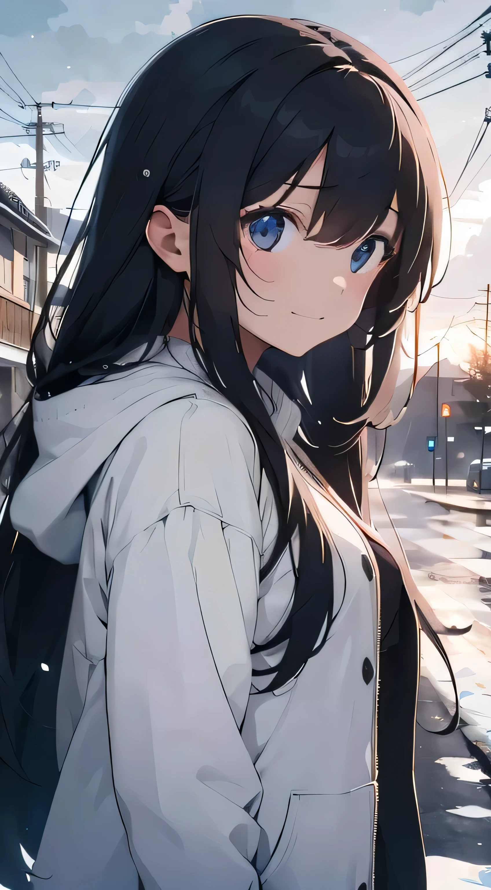 Generate an image of 1girl, long hair, who appears melancholic and sad but also forcefully smiling and transient in her expression, the environment is covered in snow and skies are clouded, winter season, absurdres, high res, ultrasharp, 8K, masterpiece, Looking at viewer
