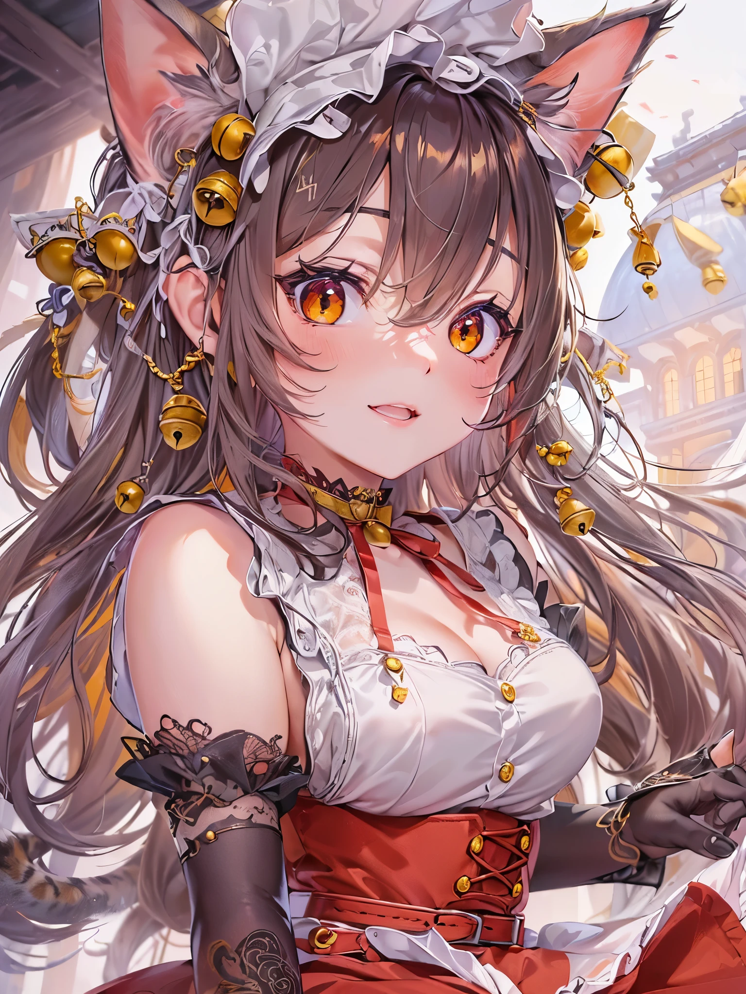 ((highest quality)),(Ultra-high resolution),(Very detailed),(Detailed Description),((The best CG)),(A masterpiece),Ultra-detailed art,Amazing drawing art,(Art with exquisite detail:1.5), (Cat Ear Maid:1.7),(Red belt choker with bells:1.6),(Mini flare skirt:1.3)