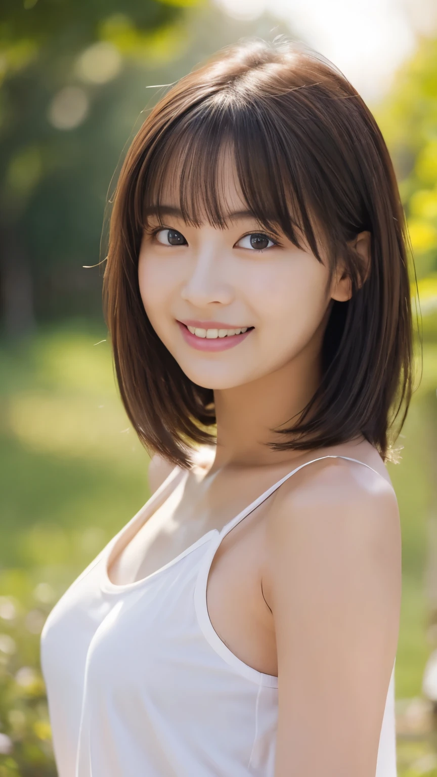 masterpiece, best quality, ultra high res, ultra detailed, sharp focus, 1girl, solo, a stunning pretty and beautiful Japanese sexy model, 19yo, looking at viewer:1.3, (bright smile:0.6), wearing a (blouse), dusk, sunset, night, realistic, slender, (standing:1.1), (looking at the viewer:1.3), sexy gaze, blush, (upper body shot:1.6), medium hair, messy hair, asymmetrical bangs, light brown hair, messy hair style, ((Pure white tank top、Hands behind head、smile:1.5、Light clothing、Nipples are visible))