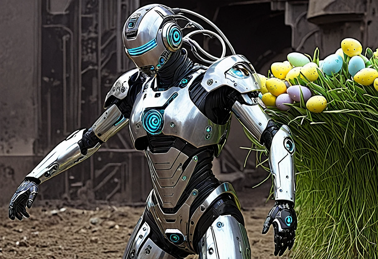 Imagine and depict how cyborgs will celebrate Easter in the future in 1000 years