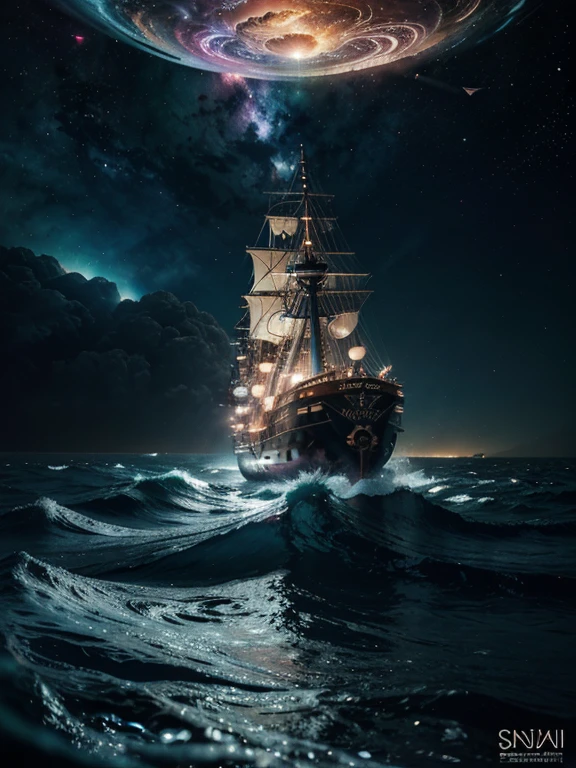 Furious ship trapped in a cosmic maelstrom nebula, Depicted on a cosmic beach whirlpool motor., volumetric lighting, spectacular, luces ambientales, contaminacion de luz, cinematic atmosphere, estilo art nouveau, illustration artwork by SenseiJaye, detalle intrincado.
