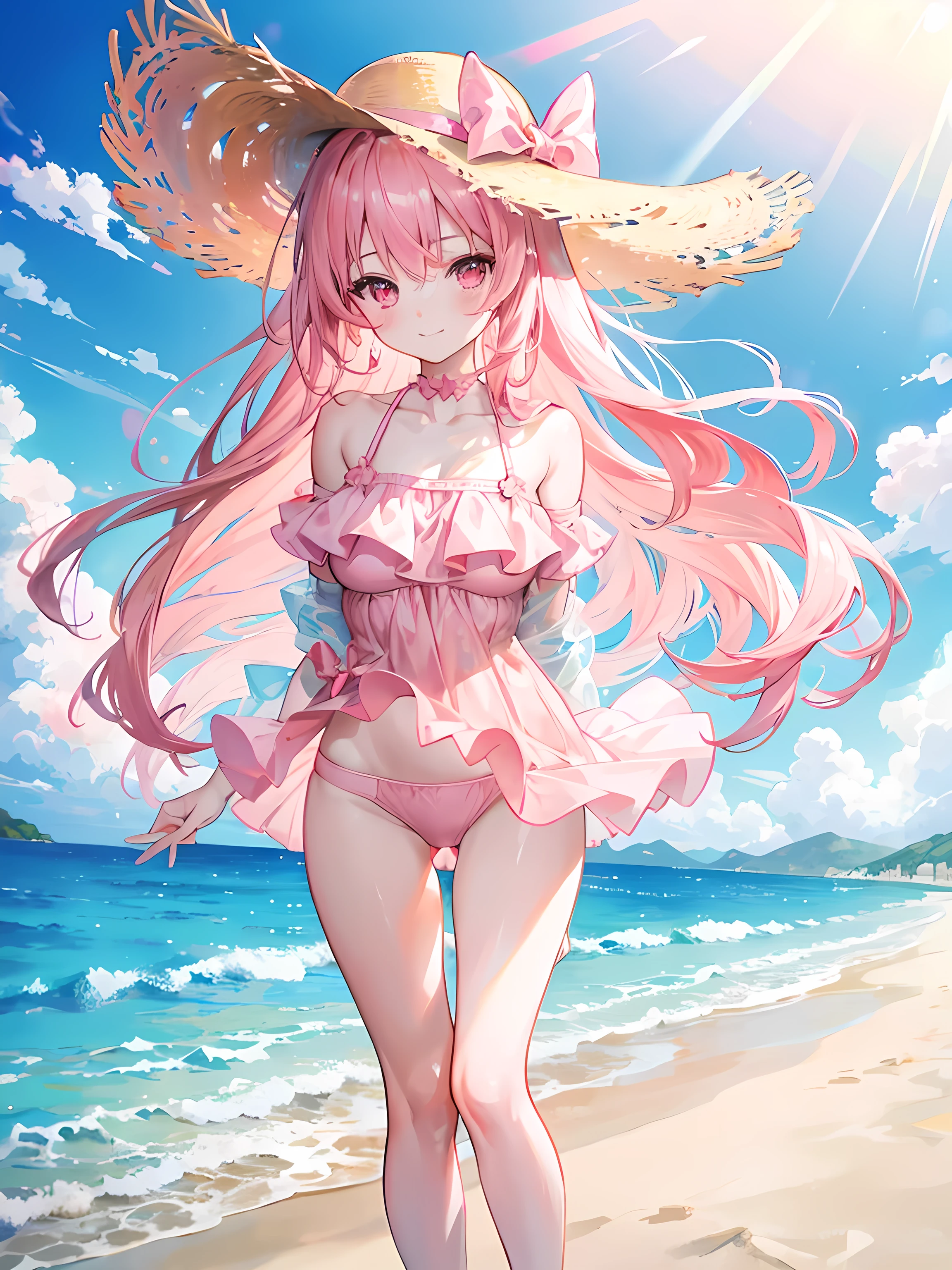 anime girl standing on the beach, ocean in the background, wind, waves, beautiful sunlight, beautiful sky, (1girl), long pink hair, pink eyes, large breasts, wearing a swimsuit, (pink swimsuit), sun hat, smile, blushing, amazing scenery, masterpiece, high res, 8k