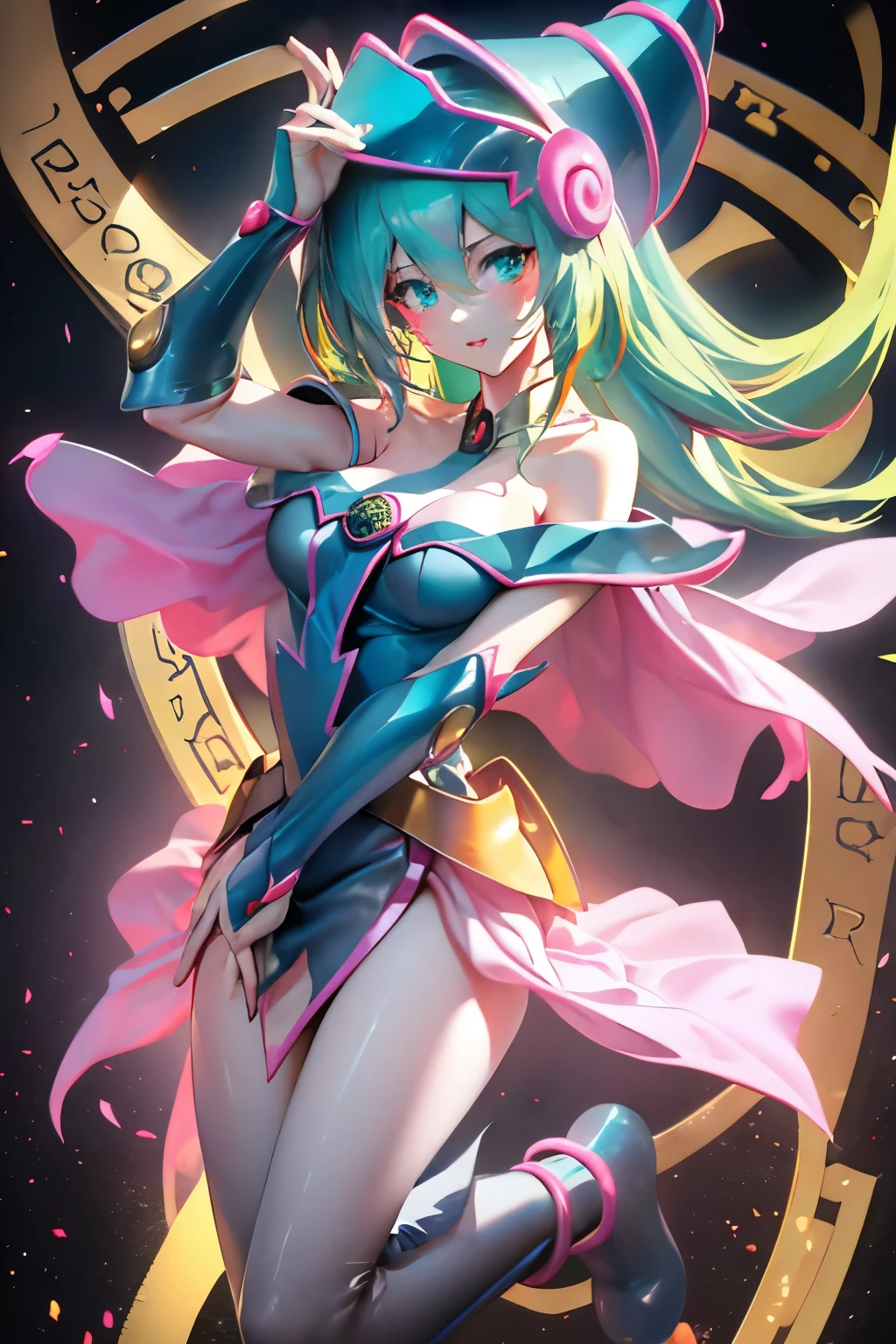 Hatsune Miku disfrazada de dark magician gils. Pose sensual y seductora. Fondo de magia