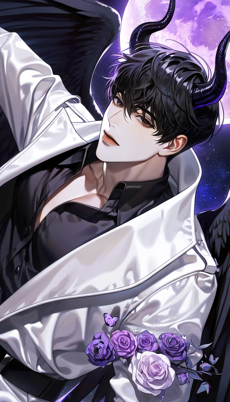 (absurdres, highres, ultra detailed, HDR) master piece, best quality, perfect face, Kim Dokja, black hair, expressive brown eyes, Omniscient reader's viewpoint, solo, sexy man, handsome, white coat, black shirt, black pants, black horns, black angel wings, purple moon, purple flames, purple butterflies, purple roses, starry sky