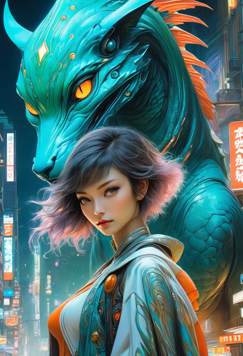 (best quality,4k,highres),(realistic,photorealistic:1.37),(Yoshitaka Amano style:1.1),SFW,(safe for work), A woman and her guardian familiar, mystical creature,otherworldly creature,kaiju-like,enchanting companions,wearing stylish futuristic clothes,inspired by Phantasy Star Online, dynamic poses, (The woman, with her eyes brightly colored, no makeup and her facial features elegantly detailed, adding to her allure. Dressed in elegant casual clothes with a stylish futuristic jacket.), (She is accompanied by a guardian, a salamander and bat mixed creature with exquisite anatomical features resembling cosmic horrors. The creature's presence adds a sense of wonder and magic to the scene.), (The woman and her companion stand in a vibrant and bustling city, a modern metropolis with bustling streets, and vibrant signs. The colors are vibrant, with a mixture of oranges, teal, and pale reds creating a dreamlike atmosphere.), (The lighting is soft but illuminating, casting a gentle glow on both the woman and the creature.), (The overall composition has a realistic and photorealistic quality, capturing the essence of the scene in intricate detail.), (The art style is inspired by Yoshitaka Amano, known for his ethereal and otherworldly illustrations. The combination of realistic elements with the artist's unique style creates a captivating and visually stunning image.),Greg Rutkowski