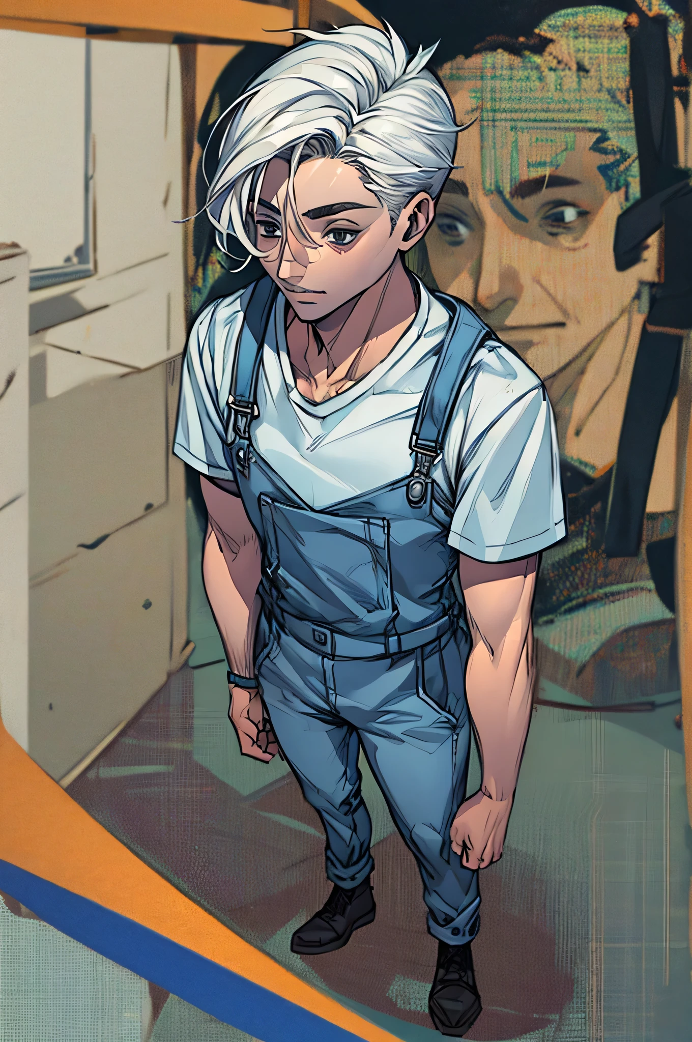 Jovem, garoto, cabelos brancos, white hair, (jovem de  anos), (16boy), wearing white overalls and a light blue striped shirt, olhos prateados, grey eyes, token, ordem, serious, detalhado, altamente detalhado, 16k, imagem perfeita, perfect strokes