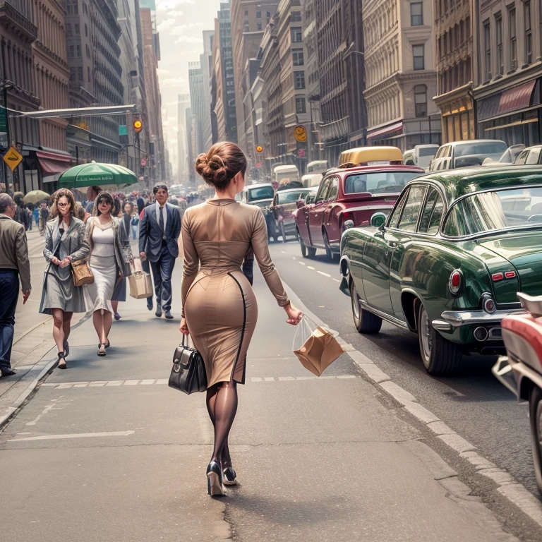 A woman walks down New York's 5th Avenue in the 1950s. (((She is wearing a tight calf-length sheath dress))), typical of the time, ((tan nylon stockings with seams:1.4)), handbag. Camera perspective from behind, Ballantyne, (close up legs:1.5), 350mm,