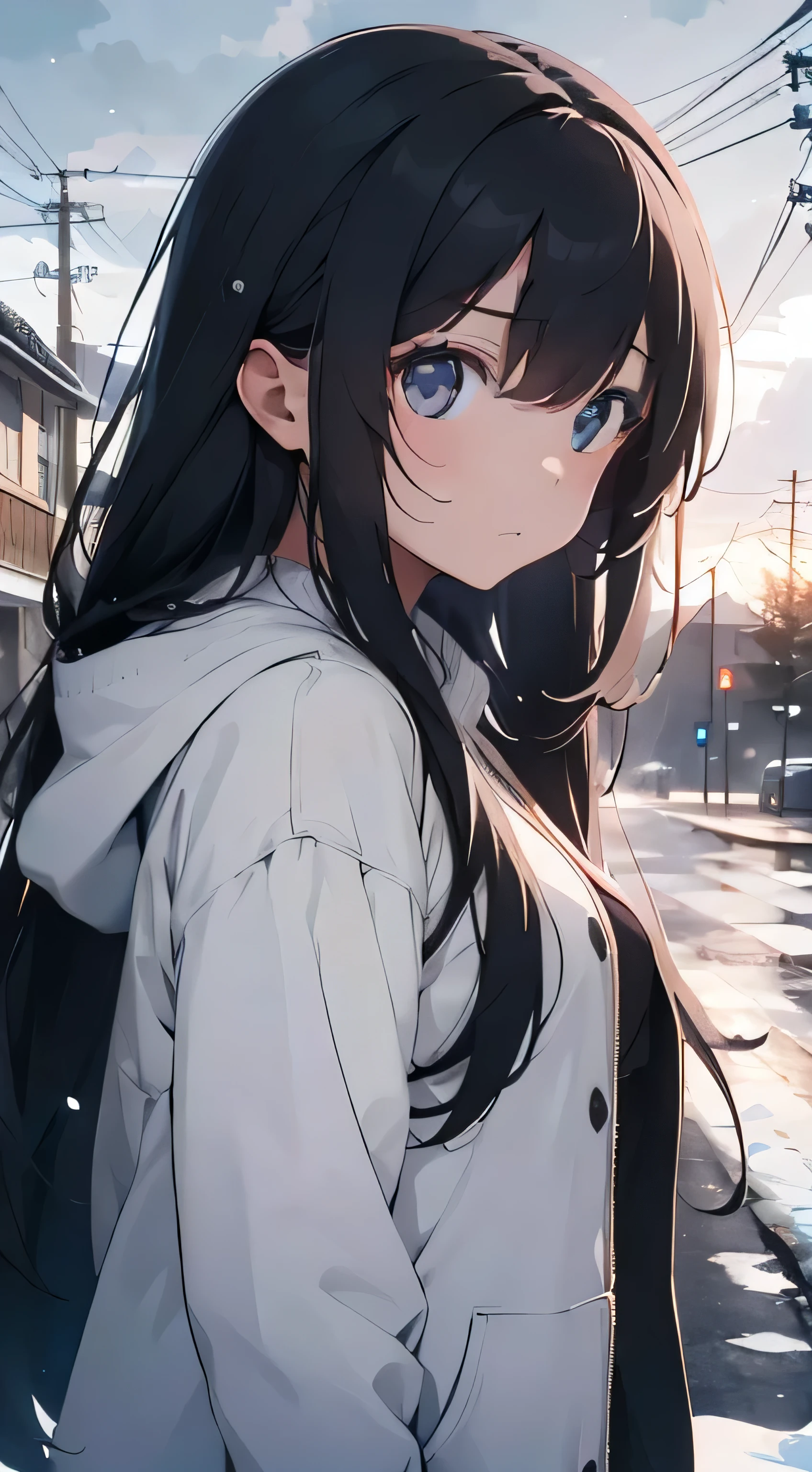 Generate an image of 1girl, long hair, who appears melancholic and sad but also forcefully smiand transient in her expression, the environment is covered in snow and skies are clouded, winter season, absurdres, high res, ultrasharp, 8K, masterpiece, Looking at viewer