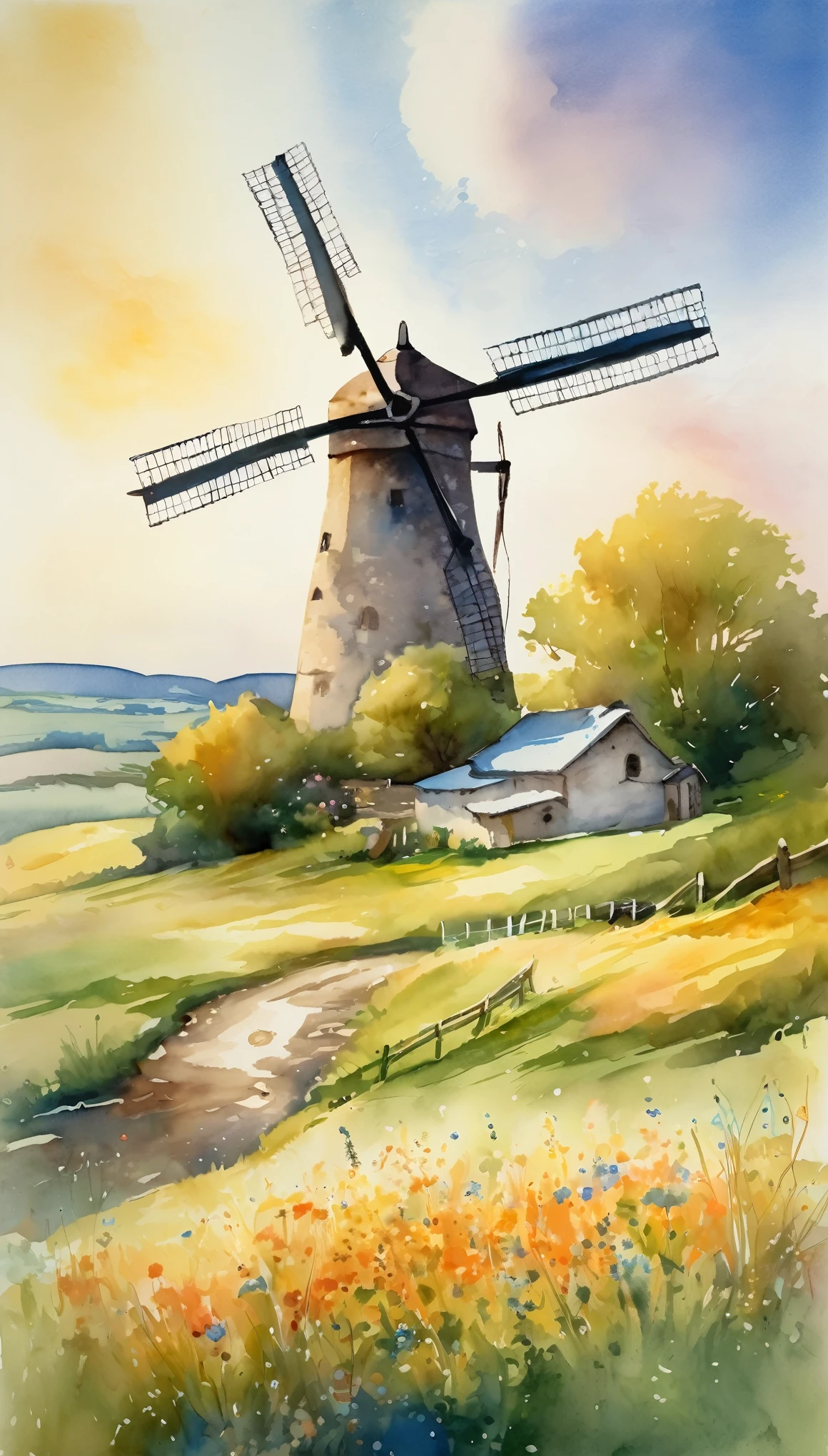 Impressionistic watercolor painting, A serene countryside scene with a windmill, Rolling hills dotted with wildflowers, a winding river flowing nearby, and a clear blue sky with fluffy white clouds, A medium shot of the countryside, with the windmill positioned slightly off-center, Soft golden sunlight casting warm gentle shadows across the landscape, with the colors of the sky and surroundings bathed in a soft, ethereal glow, evoking a sense of tranquility and nostalgia.