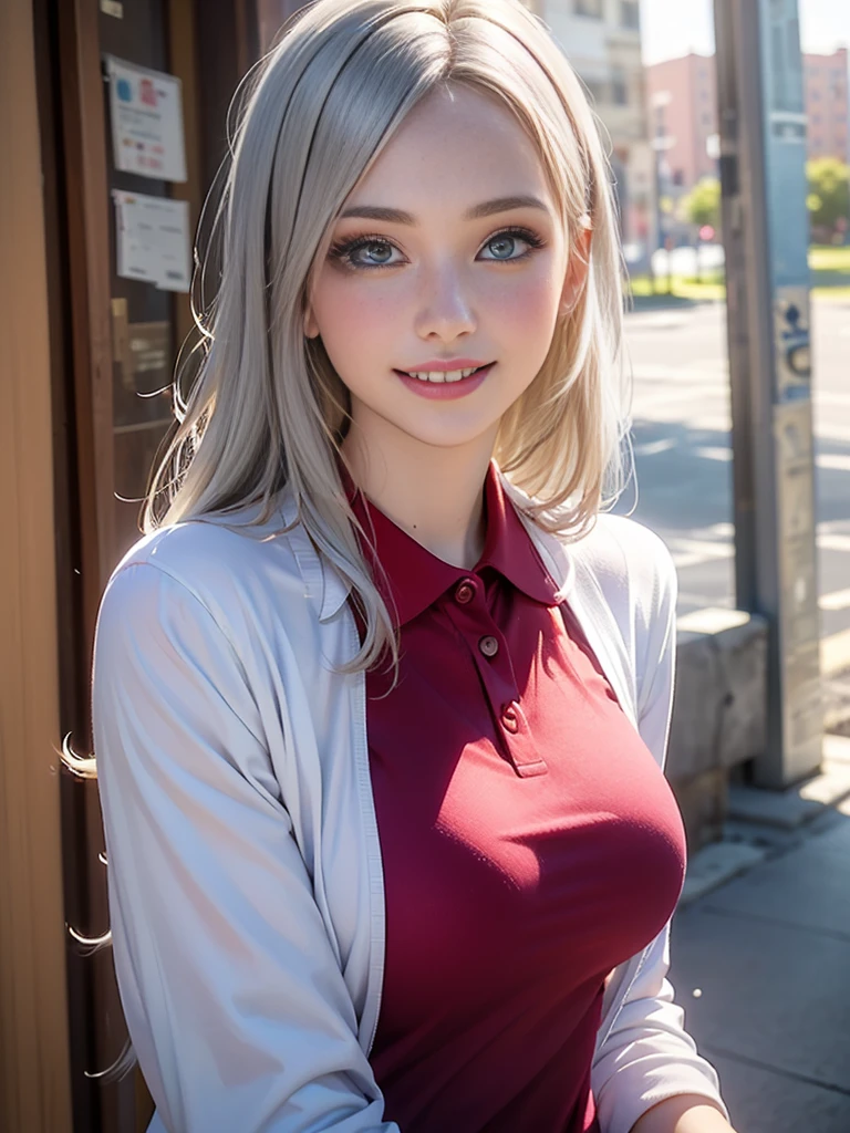 (best quality, 8k, photorealistic:1.5), (solo, one girl:1.5),(shine a bright light on women),(ultimate beautiful girl),(shiny skin),(oily skin),(Silver Ash Hair:1.3),(long hair:1.3),(cool beauty:1.5),(Blush brown makeup),(use pink glossy lipstick),(big beady eyes girl:1.5),(droopy eyes girl:1.5),(Big Eyes),(healthy body),(sweet smelling girl),(virgin girl),chuuChloe,(impressive eyes),(clean girl),(cute),(relaxing time),(compassion),(impurity),(love filled),(No love experience),(ager),(Lovely),(university student:1.5),(smile:1.5),(gentleness),(Sociable),(good at looking after),(positive),(goodness),(sensible),(flash),(Favorable),(Super Tight polo shirt),