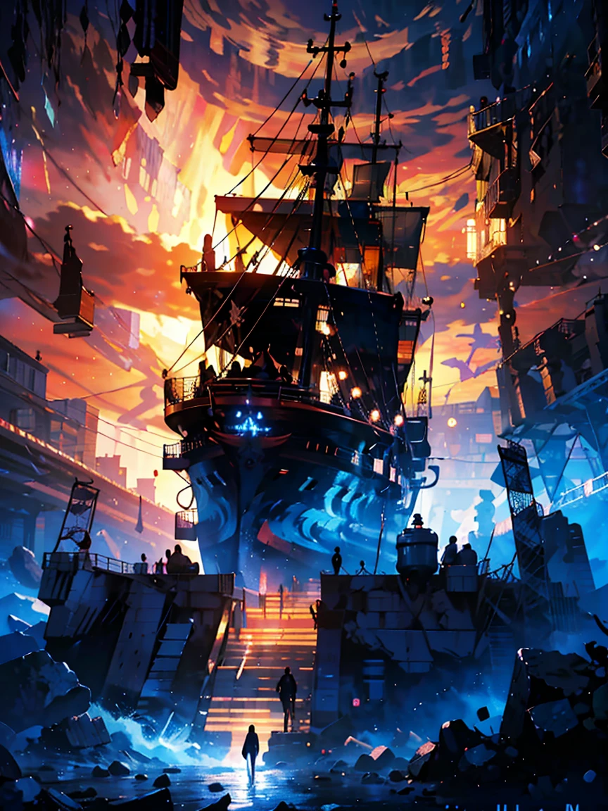 Pirate ship trapped in a cosmic maelstrom nebula, rendered in cosmic beach whirlpool engine, volumetric lighting, spectacular, ambient lights, light pollution, cinematic atmosphere, art nouveau style, illustration art artwork by SenseiJaye, intricate detail.