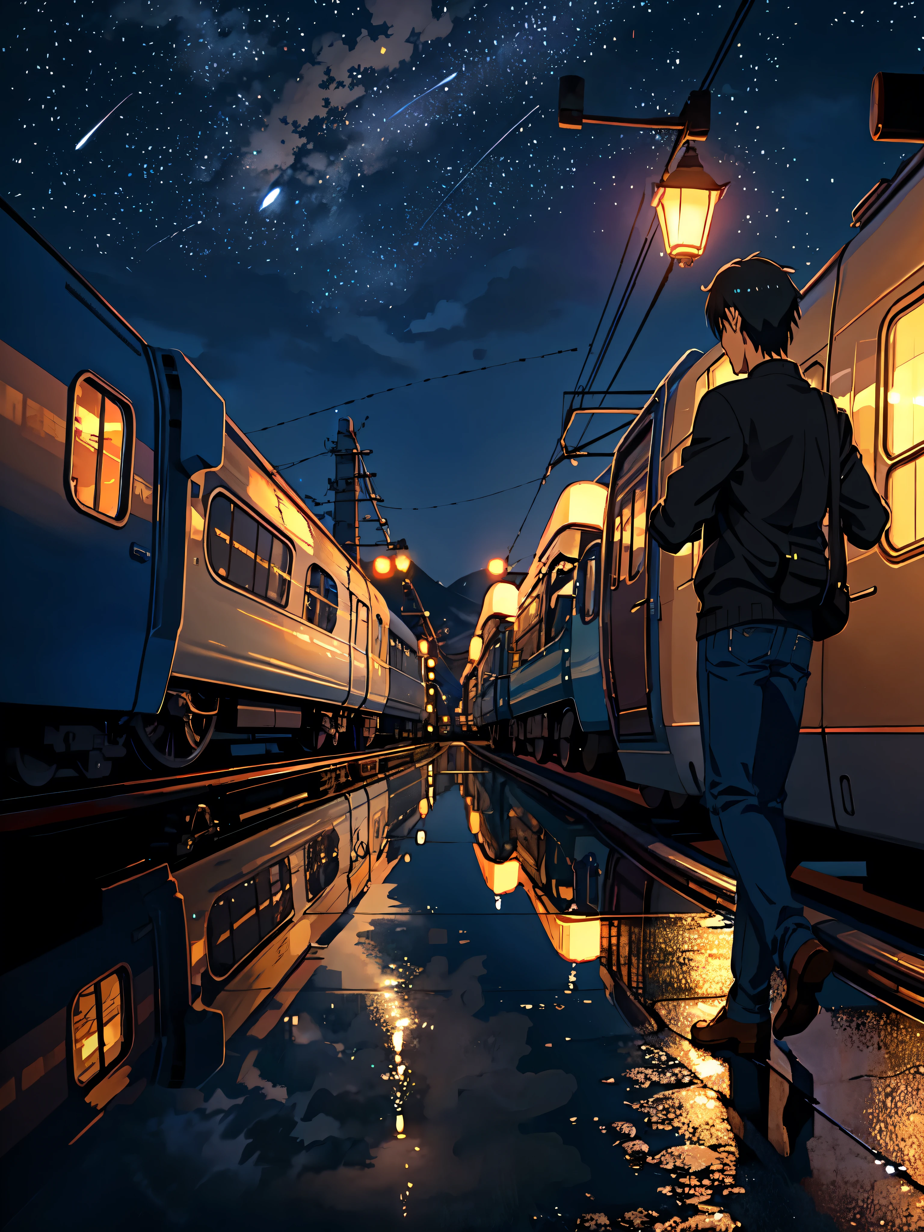 Masterpiece, anime train passing through bodies of water on tracks, bright starry sky. Romantic train, Makoto Shinkai's picture, pixiv, concept art, lofi art style, reflection. by Makoto Shinkai, lofi art, Beautiful anime scene, Anime landscape, detailed scenery —width 672, in style of Makoto shinkai, style of Makoto shinkai, enhanced details.