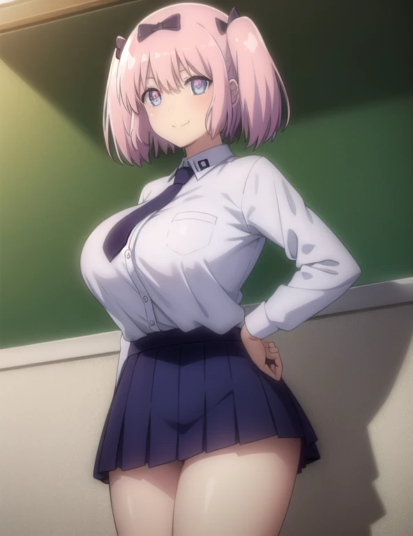 skhibari, hibari, short hair, bow, twintails, pink hair, hair bow, symbol-shaped pupils, short twintails, blue eyes, gigantic breasts, wide hips,
BREAK skirt, bow, , necktie, purple skirt,
BREAK outdoors, classroom,
BREAK looking at viewer, (cowboy shot:1.5), smile,
BREAK (masterpiece:1.2), best quality, high resolution, unity 8k wallpaper, (illustration:0.8), (beautiful detailed eyes:1.6), extremely detailed face, perfect lighting, extremely detailed CG, (perfect hands, perfect anatomy),