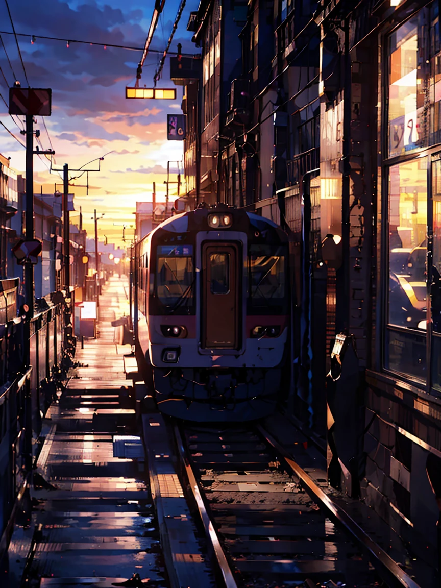 Anime train passing track on sky background, hermosa y armoniosa escena, animacion exquisita, ricos detalles (el ancho es 672), alta calidad, Claridad 4K, artistic 4k wallpaper, impresionante paisaje anime, papel de parede de arte 8k.