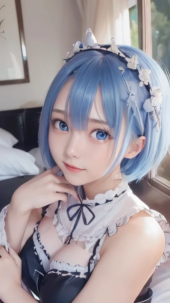 ((masterpiece)), ((highest quality、Ultra high definition)), (Very detailed),8K、Photo quality、Amazingly cute girl, One girl, alone, , ((Beautiful Eyes)), smile,On the bed, Beautiful Blue Hair、