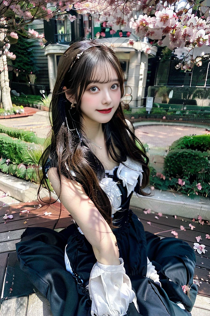 Armpit Hair、Show both sides、High heels(Black)、pantyhose(Black)、garter belt(Black)、Big Breasts、Long Hair(Black、straight)、Squat、Leg spread、Married Woman、first round、Voluptuous、Puddle、Outdoor、garden、Cherry Blossom Viewing、cherry blossoms