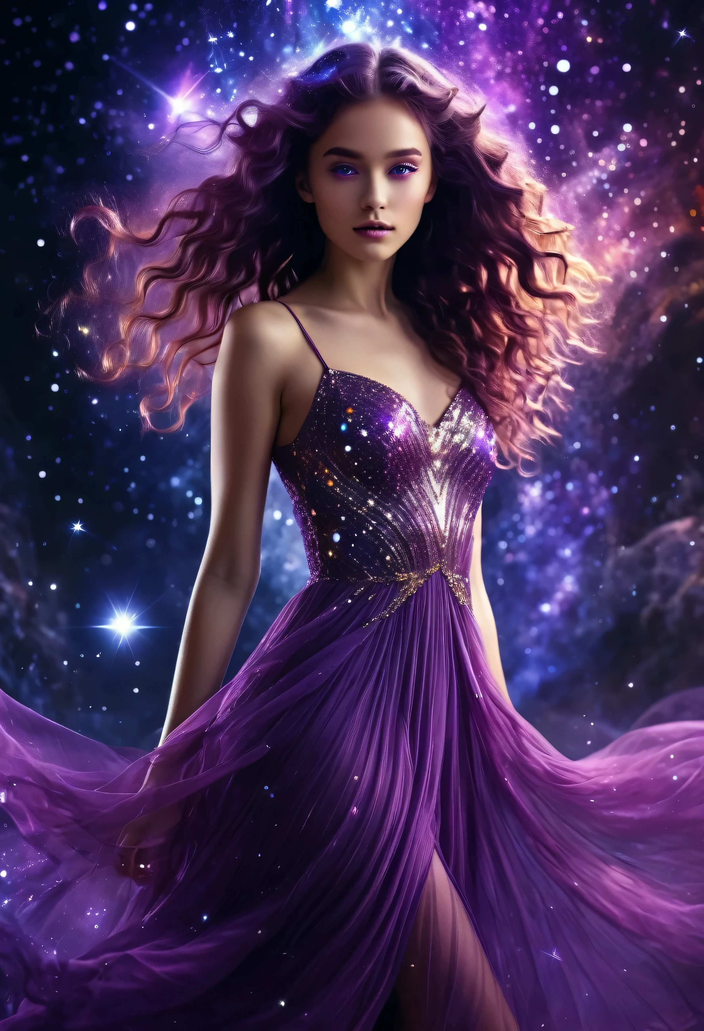 background: Mysterious quantum environment, Cosmic elements and ethereal atmosphere,Mix of bright lights and colorful nebulae. theme: Mysterious girl with a magical aura. she has been for a long time, Colorful wavy curls, Glossy hair stands out. His eyes are deep and expressive, Reflection Universe. she wore a flowing purple and white dress, Intricate details and mysterious textures. color palette: Combinations of mystical shades, such as cosmic purple, red, Soft pink and gold touch. Create contrast, Increase depth, dark color, dark purple, night purple etc.. aesthetics: The aesthetics are a combination of elements from Mystic Core., Known for its mysterious and ethereal atmosphere, and crystal core, With its crystal clarity and shimmering details. The girl exudes magical energy,Her existence depends on her,fascinating. Covered in: Keep subtle glowing effects and glitter overlays around the girl, Covered in: Add a soft glow effect around the girl and crystal, It seems to exude magic. Also, Add flash details,Enhance the ethereal atmosphere.