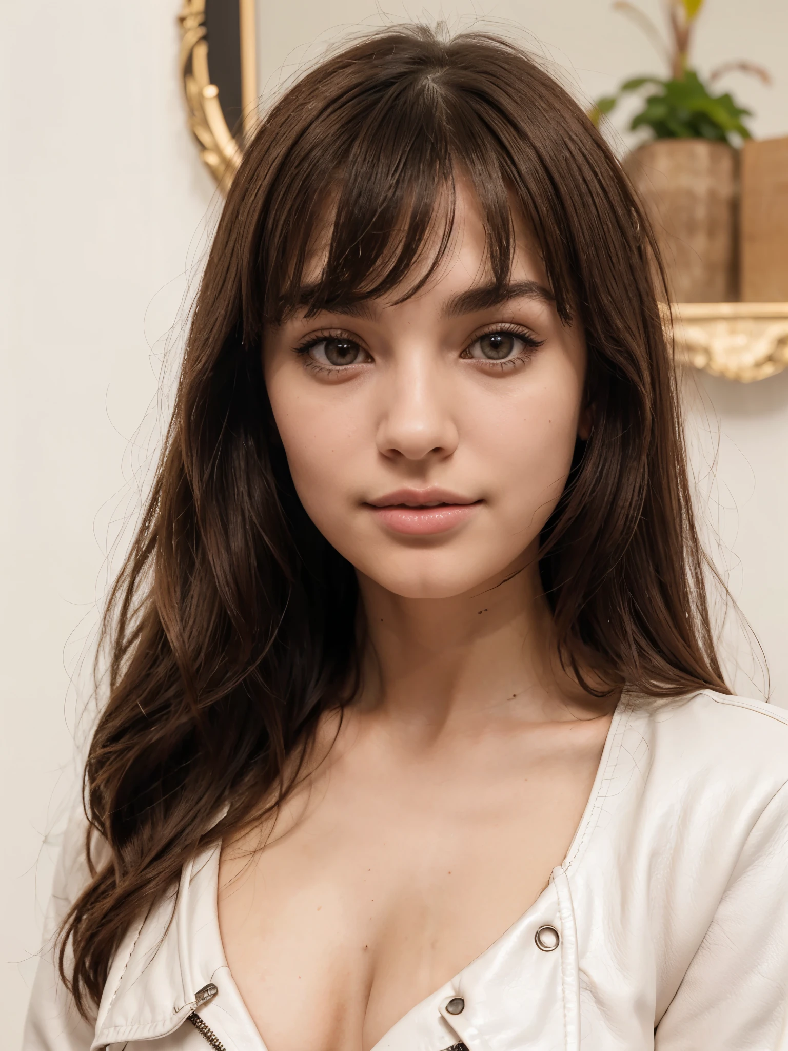 a girl of 25 years old, brunette, with French bangs, almond brown eyes, thin face, small and upturned nose, white skin, thin and full lips at the same time, pink lips, straight thin evebrows, With less cheeks long wavy hair, long eyelashes, friendly expression, Fresh and confident face, Wearing a black leather jacket with a white croptop