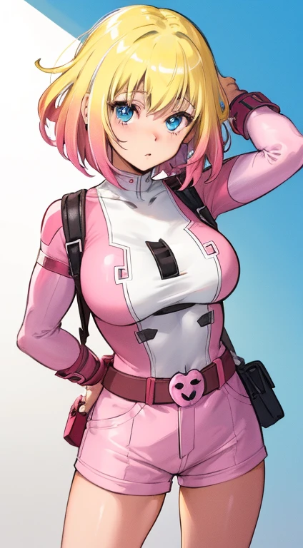 gwenpool, 1girl, blonde hair, multicolored hair, solo, blue eyes, short hair, gradient hair, belt, two-tone hair, pink hair, breasts.