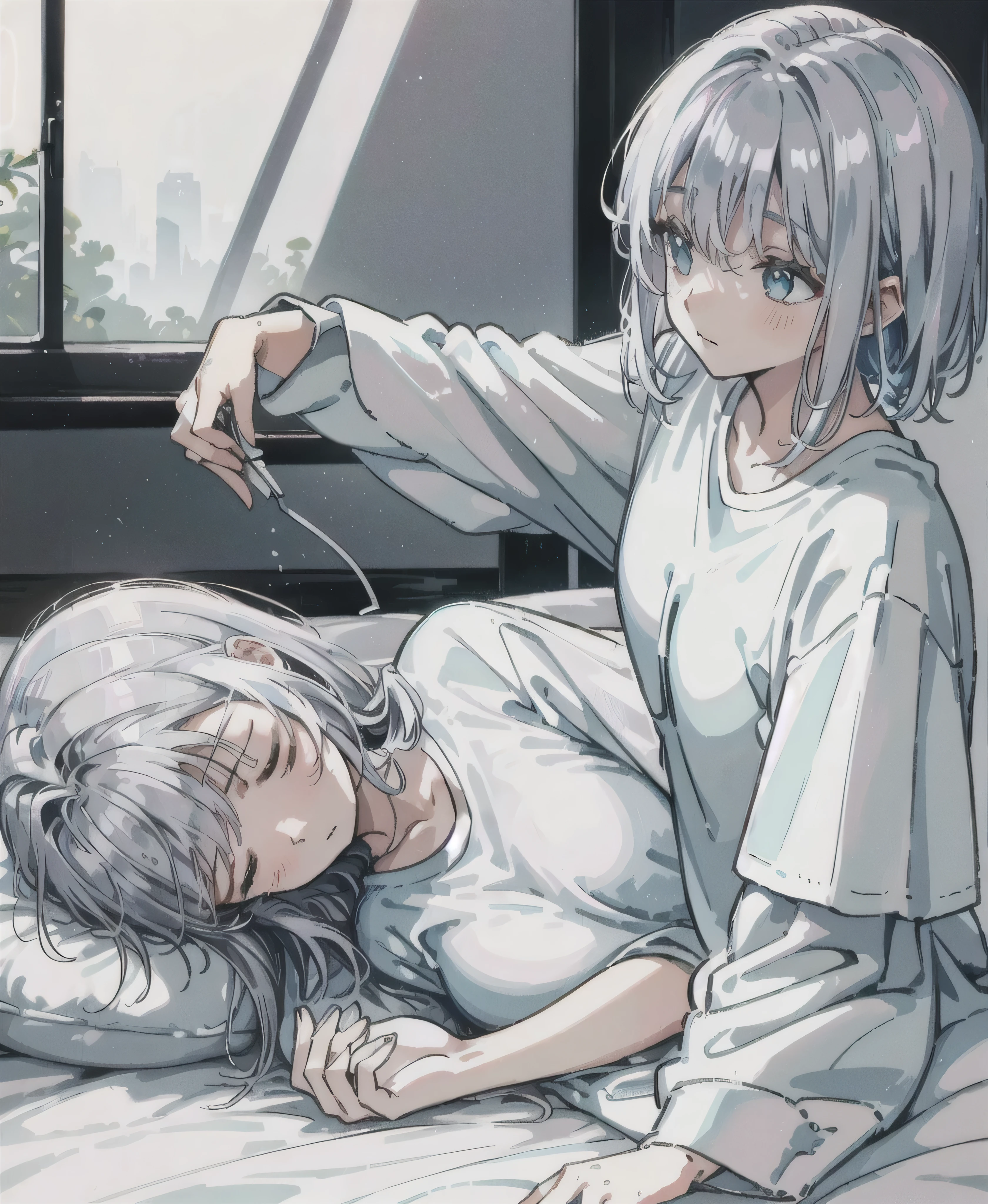 Refreshing morning light, iridescent highlights, A cool woman around 25 years old, sleepy、 Sleeping on white sheets, Silver Hair, Wearing a baggy T-shirt