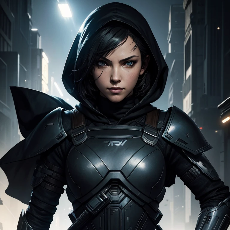 sci-fi, space rogue thief girl, (smirk:1.1), short hair, black hood, light armor, big grey eyes, beautiful detailed eyes, drawn by Greg Rutkowski, Yoji Shinkawa:0.6, (Masterpiece:1.3), (best quality:1.3),