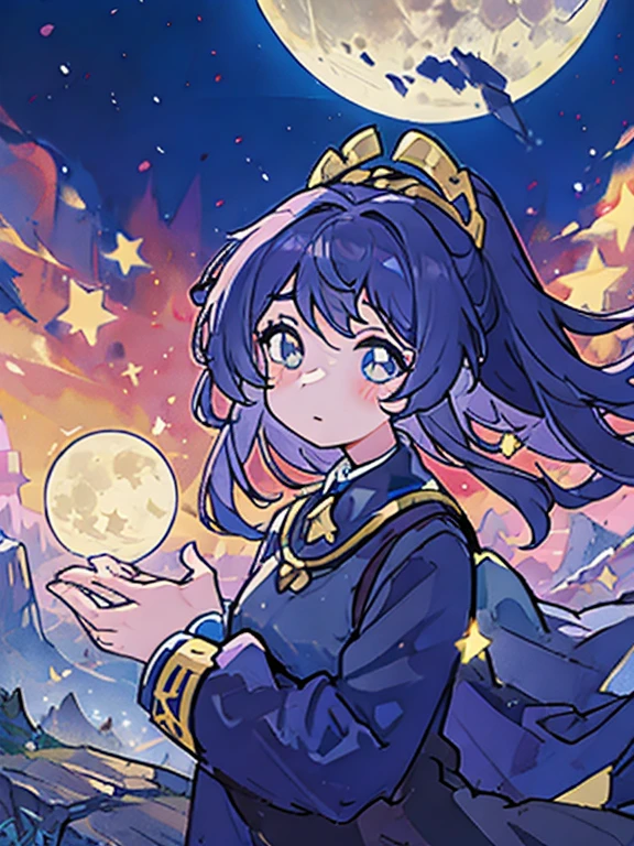 por la noche, solo la luz de la luna ilumina, luna torcida, mountains in the distance, hermosas flores de loto grandes cerca, grandes flores de loto rojas, agua corriente al lado, casas hechas de cristales, verano lleno de alegria, luna torcida in the sky mixed with stars, amazing wallpaper, hermosa y hermosa, Movie, Alto detalle, 8k. solo fondo, Sin personajes.