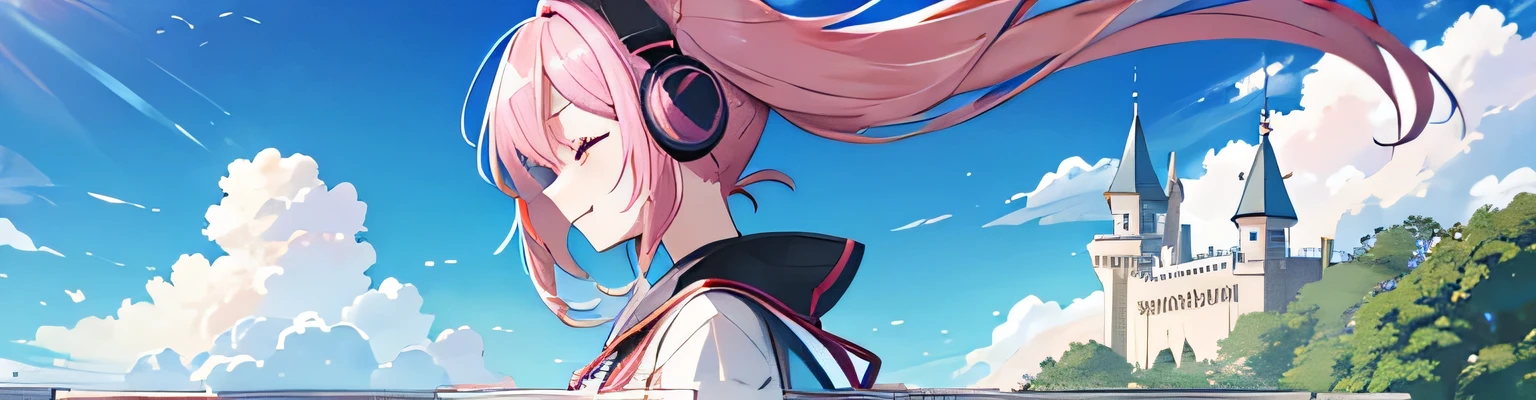 kawai anime girl looking at the horizon with a castle floating in the distance and people in the distance with powers, pink hair, happy, headphones on listening to music and dancing panorama mode image that shows the landscape and that the girl does not look at the camera and that her entire body is seen, with a smile on her face, closing her eyes, with a katana hanging on her anime waist, anime, anime!!! 4k