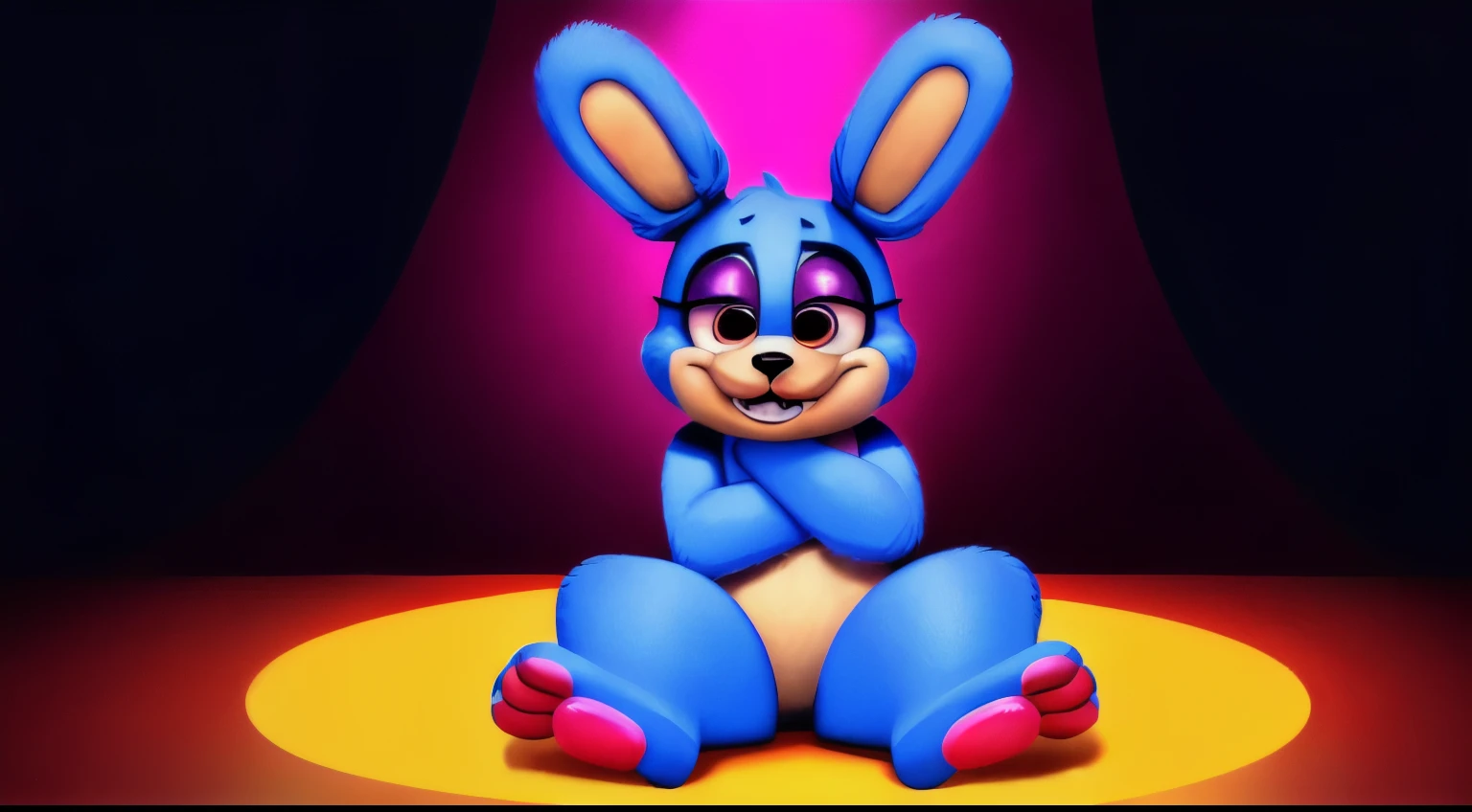 (best quality, highres:1.2), realistic, detailed illustration, Toy Bonnie from Five Nights at Freddy's, playful and vibrant colors, cute and friendly expressions, adorable and fuzzy texture, in a style for kids, with emphasis on the facial features such as big round eyes, a small button nose, and a wide smile, showcasing its charming personality, joyful and energetic pose with its (fee)t visible, (adorable feet), (cute feet), surrounded by colorful toys and props, a lively and dynamic background depicting a fun and imaginative setting, soft and gentle lighting to enhance the cozy and inviting atmosphere