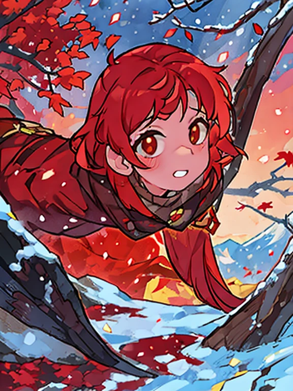 Old tree with red leaves in the snow, Winter day, suave luz del sol, una hoja que cae, the scene in the background is white snow mountains