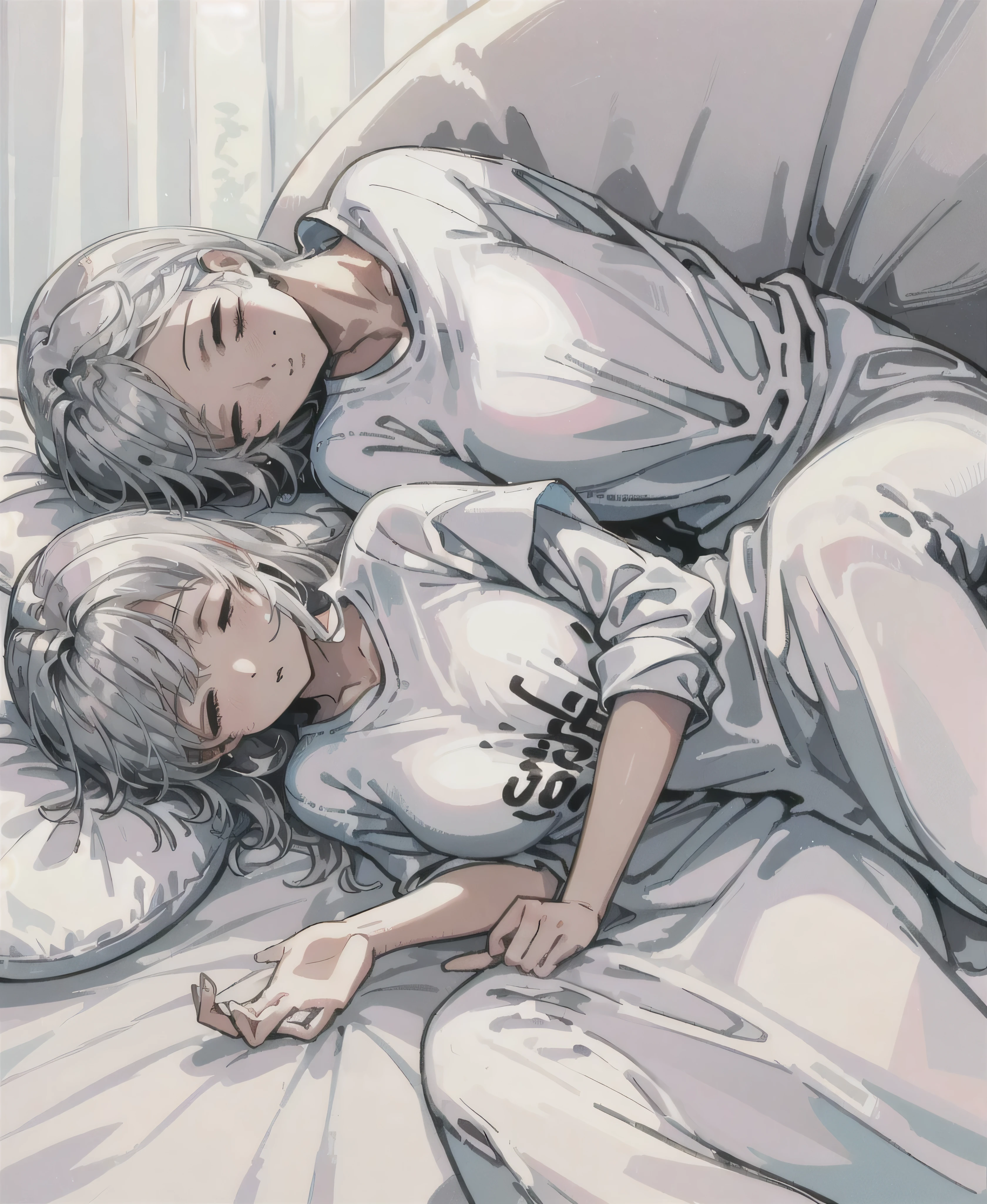 Refreshing morning light, iridescent highlights, A cool woman around 25 years old, sleepy、 Sleeping on white sheets, Silver Hair, Wearing a baggy T-shirt
