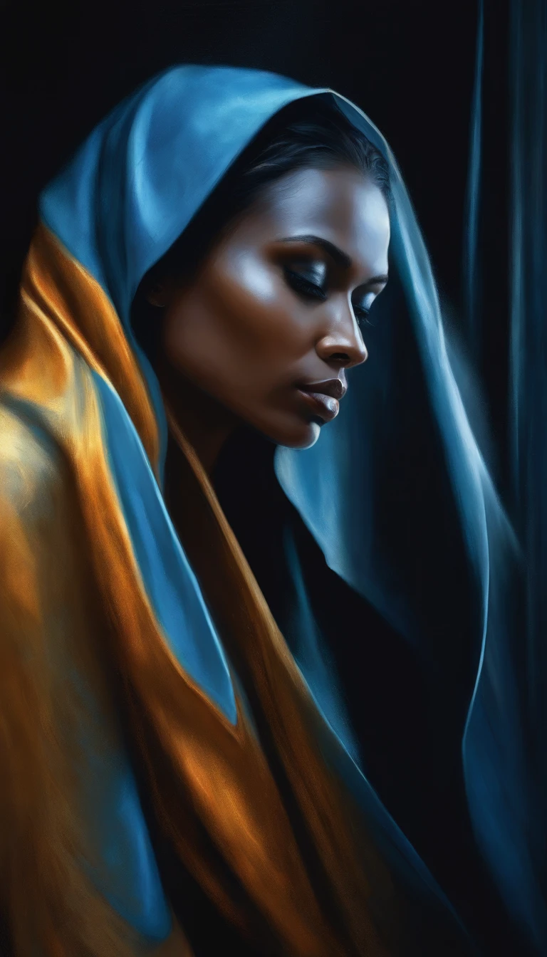 A captivating digital painting of a woman in a dramatic side profile, with her sleek, wet appearance suggesting she has recently endured a rainstorm. Her skin glows with a soothing blue hue, contrasting strikingly against the dark, moody backdrop. Her intense gaze is directed forward, and her facial features are sharply defined, adding to the overall mystique. The artwork is signed by the artist in the bottom right corner, marking it as a piece of dark fantasy illustration., painting, illustration, dark fantasy