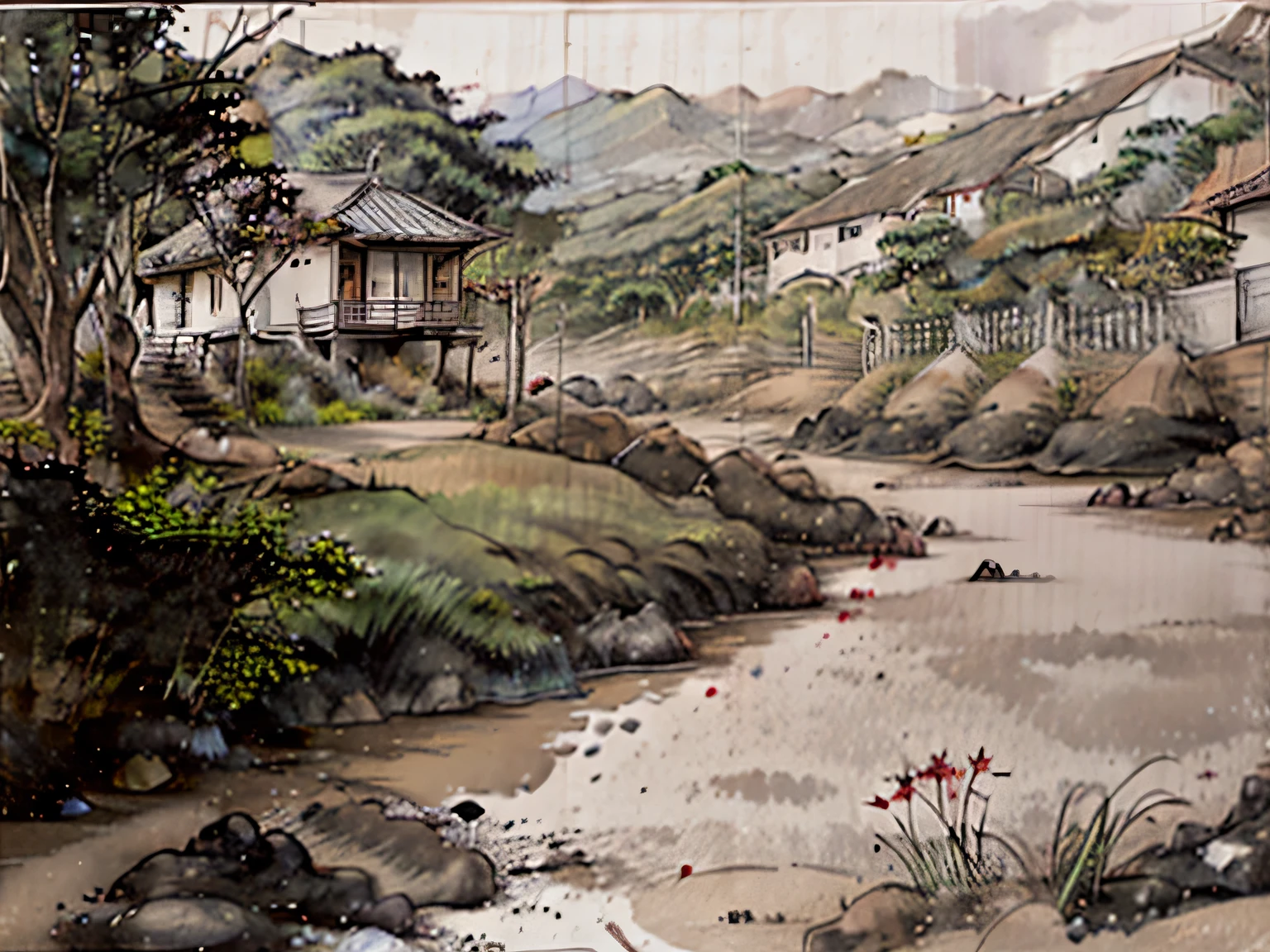 Japanese landscape with houses between a small river with clear water, no peíodo ssamura, pequenas flores de cerejeira caindo ao vento
