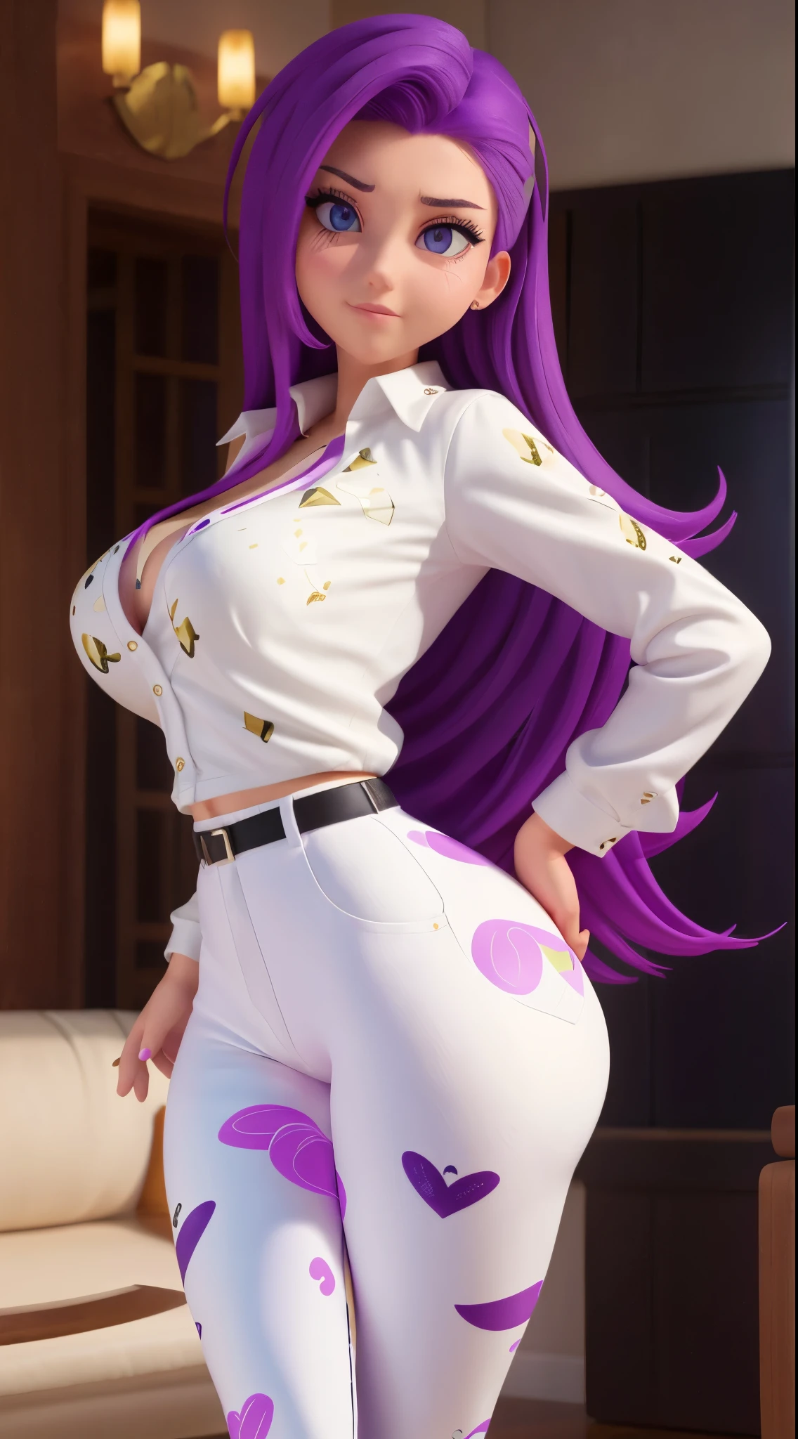 She sports striking purple hair that reaches her back. Her hazel eyes add warmth to her expression. She dresses in a modern outfit, with a printed white blouse and black pants that reflect her more relaxed but chic style. Big , big hip, big legs, big ass, NSFW