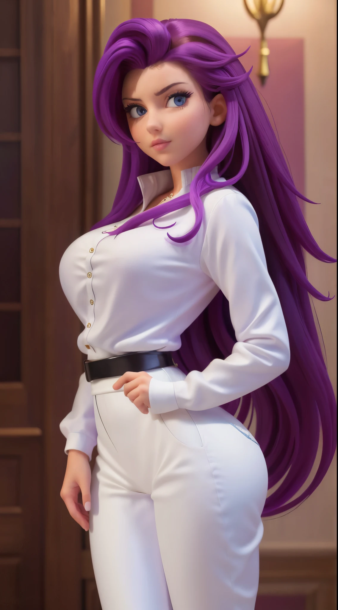 (best quality,4k,8k,highres,masterpiece:1.2),ultra-detailed,(realistic,photorealistic,photo-realistic:1.37),vibrant colors,studio lighting,long purple hair flowing down her back,detailed hazel eyes,modern outfit,white blouse,black pants,sophisticated expression,fashionable,confident pose,focused gaze,vivid purple hair,stylish appearance,trendy look. Busty