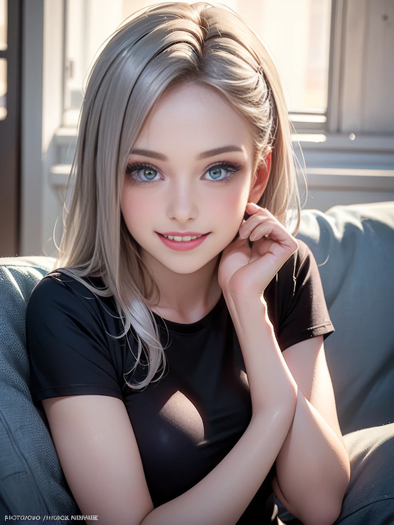 (best quality, 8k, photorealistic:1.5), (solo, one girl:1.5),(shine a bright light on women),(ultimate beautiful girl),(shiny skin),(oily skin),(Silver Ash Hair:1.3),(long hair:1.3),(cool beauty:1.5),(Blush brown makeup),(use pink glossy lipstick),(big beady eyes girl:1.5),(droopy eyes girl:1.5),(Big Eyes),(healthy body),(sweet smelling girl),(virgin girl),chuuChloe,(impressive eyes),(clean girl),(cute),(relaxing time),(compassion),(impurity),(love filled),(No love experience),(teenager),(Lovely),(smile:1.5),(gentleness),(Sociable),(good at looking after),(positive),(goodness),(sensible),(flash),(Favorable),(Tight Tshirt),