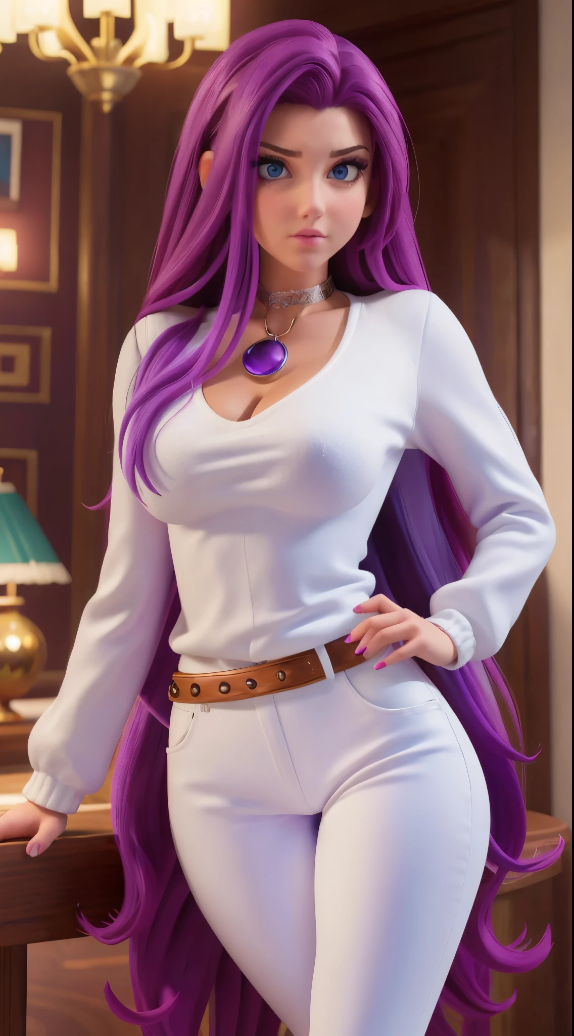 (best quality,4k,8k,highres,masterpiece:1.2),ultra-detailed,(realistic,photorealistic,photo-realistic:1.37),vibrant colors,studio lighting,long purple hair flowing down her back,detailed hazel eyes,modern outfit,white low-cut blouse,black pants,sophisticated expression,fashionable,confident pose,focused gaze,vivid purple hair,stylish appearance,trendy look. Busty