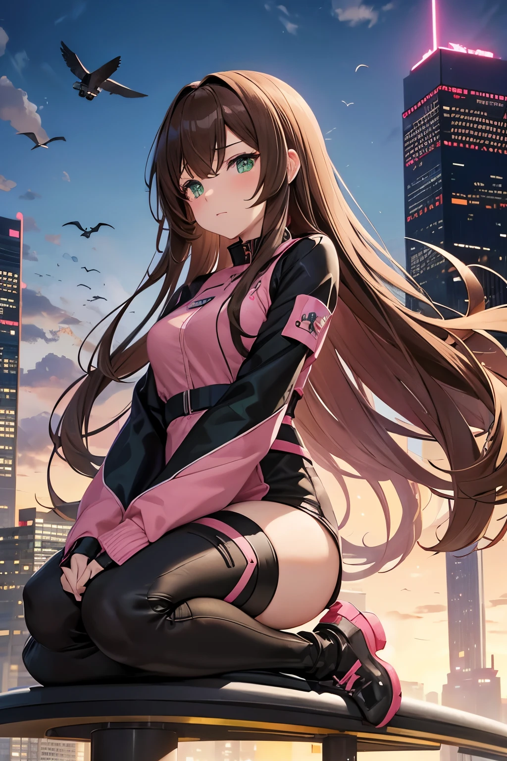 An anime girl with long brown hair falling to her knees with bangs, green eyes, wearing a skin-tight pink and black jumpsuit is leaning on a futuristic hover bike parked near a hill, she is watching the sunset and in the background you can see a city with tall skyscrapers, lights, clouds, birds, she has a melancholic look on her face.