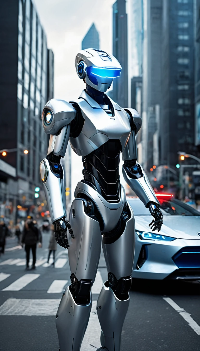 The image shows a robotic figure standing in an urban environment. The robot is wearing a silver suit and has a blue visor on its head. It appears to be a futuristic, metallic character, perhaps from a video game or science fiction film. The cityscape around the robot includes a few cars, with one positioned to the left of the robot and another car further to the right. There are also two traffic lights in the scene, one located near the center and the other towards the right-hand side. The overall setting suggests a futuristic cityscape.
Info