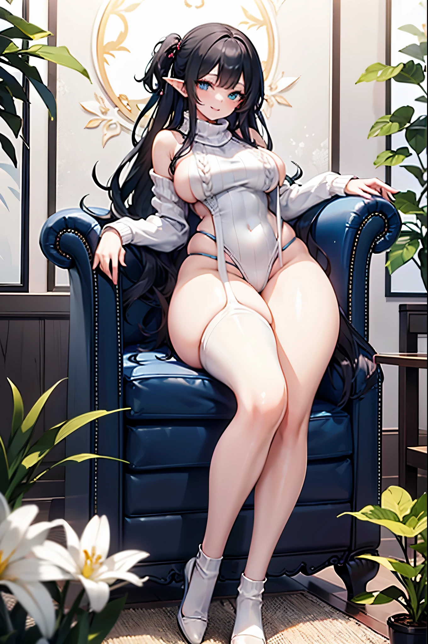 realistic image, detailed image, coherent image, 1 beautiful elf, she has long black hair that ends in darker shades of blue. Her eyes are turquoise. Smiling expression. She is wearing a sweater, she has a curvy body, medium breasts and thick thighs, she is sitting on her knees, arching her back. view from below. Chinese atmosphere, Chinese city, surrounded by flowers. Soft focus, Dramatic shadows, Volumetric lighting, natural lighting, virgin destroyer sweater