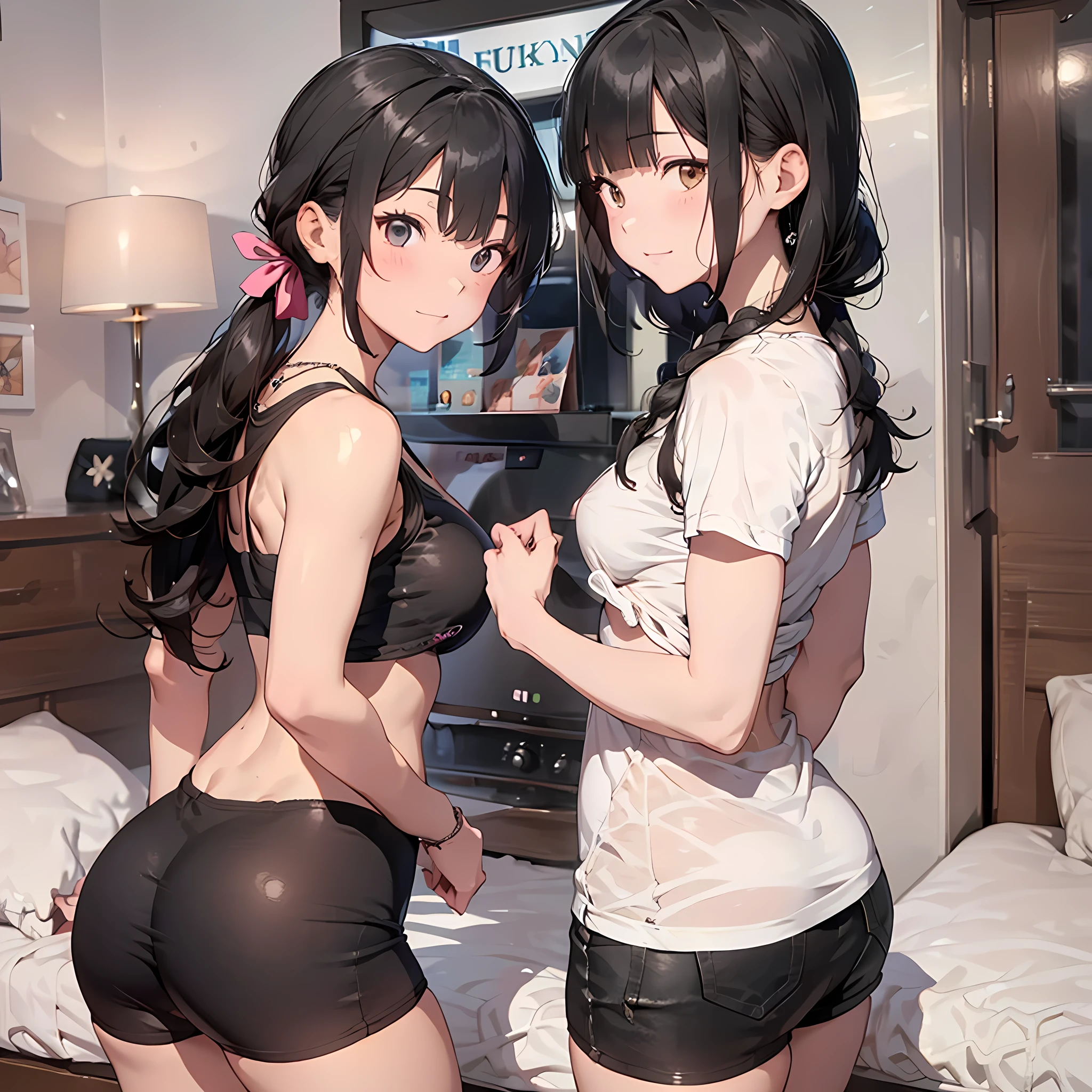 ((three girls are sticking out their big ???? boldly)),  (body shot), (At the hotel), (By the bed), Laughing with your mouth open, slender, hair band, Headband, hair bobbles, brown hair, blond hair, navel, jewelry, looking at viewer, necklace, long hair, short hair, Abdominal muscles, ?????, straight hair, bob cut, blunt bangs, silky hair, jet black hair, hair clip, hair band, hair ribbon, one-length haircut, ducktail, outward curled hair, French twist hair, twintails, side ponytail, single braid, wavy hair, bangs pinned back,