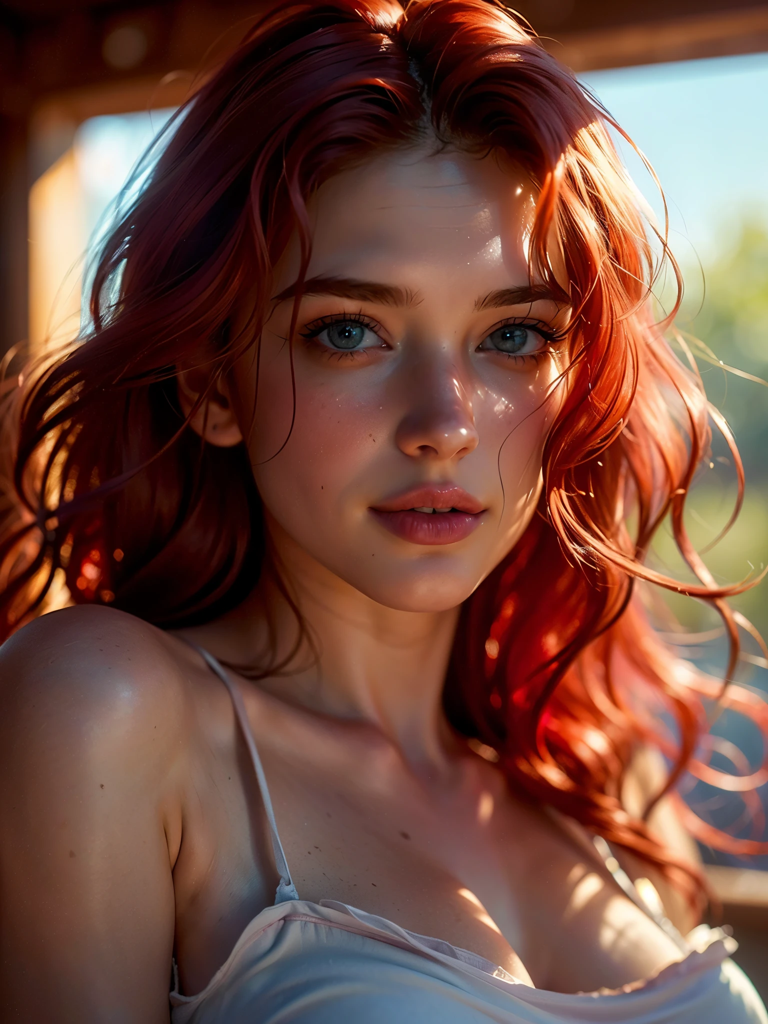 (((ultra realistic))) Photo, masterpiece, top quality, (pale skin), (Ultra detailed face and eyes:1.3), 1 girl, Adult, in a T-shirt, ((Eye makeup, pink mascara)), ((A slight smile)), ((large detailed lips)), ((red hair in the wind wavy long messy hair)), ((Chyolka)) , (Natural large breasts), Slim waist. ((Posing)), photoshoot, studio (soft lighting), (The play of light and shadows), depth of field, bokeh, (special attention to skin detail: 1.2), Detailed leather texture, dimples. (Warm atmosphere of the frame. Color range - purple, Pink, blue tones), UDR, ((Film grain)), ((rays)), (Glare), ((waist up portrait)) , ultra detailed, smiling